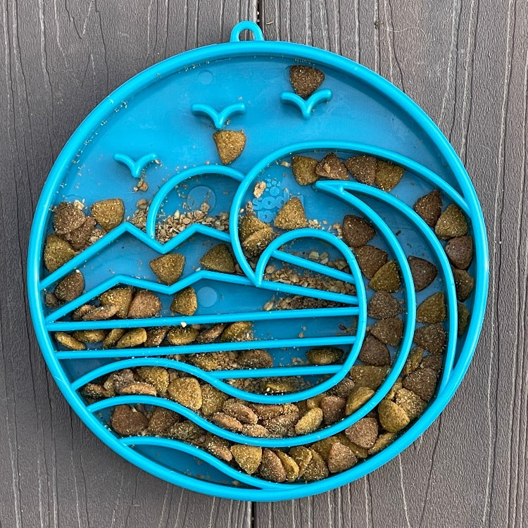 Blue Baja Design eTray Enrichment Shallow Slow Feeder Dog Bowl by SodaPup/True Dogs, LLC, featuring a shallow, textured surface for dogs.
