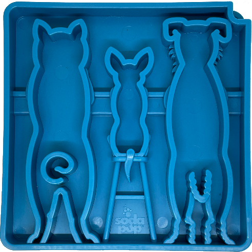 Blue Waiting Dogs Design eTray for dogs by SodaPup/True Dogs, LLC, featuring a playful dog pattern on the enrichment tray.
