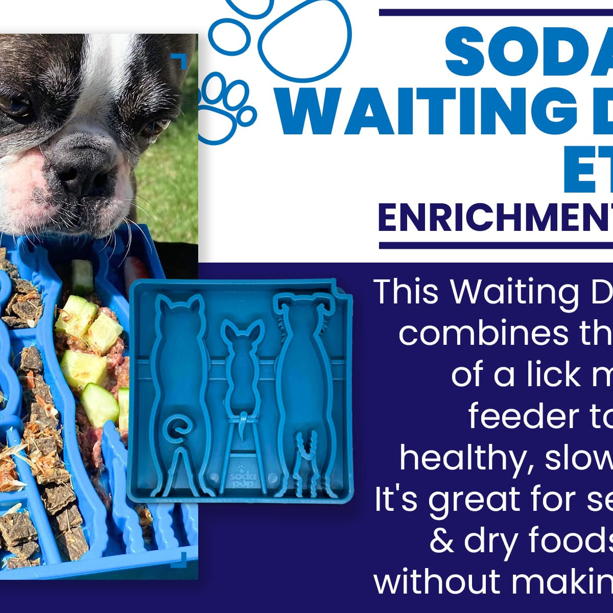 Blue Waiting Dogs Design eTray enrichment tray for dogs by SodaPup/True Dogs, LLC, featuring a playful dog pattern.