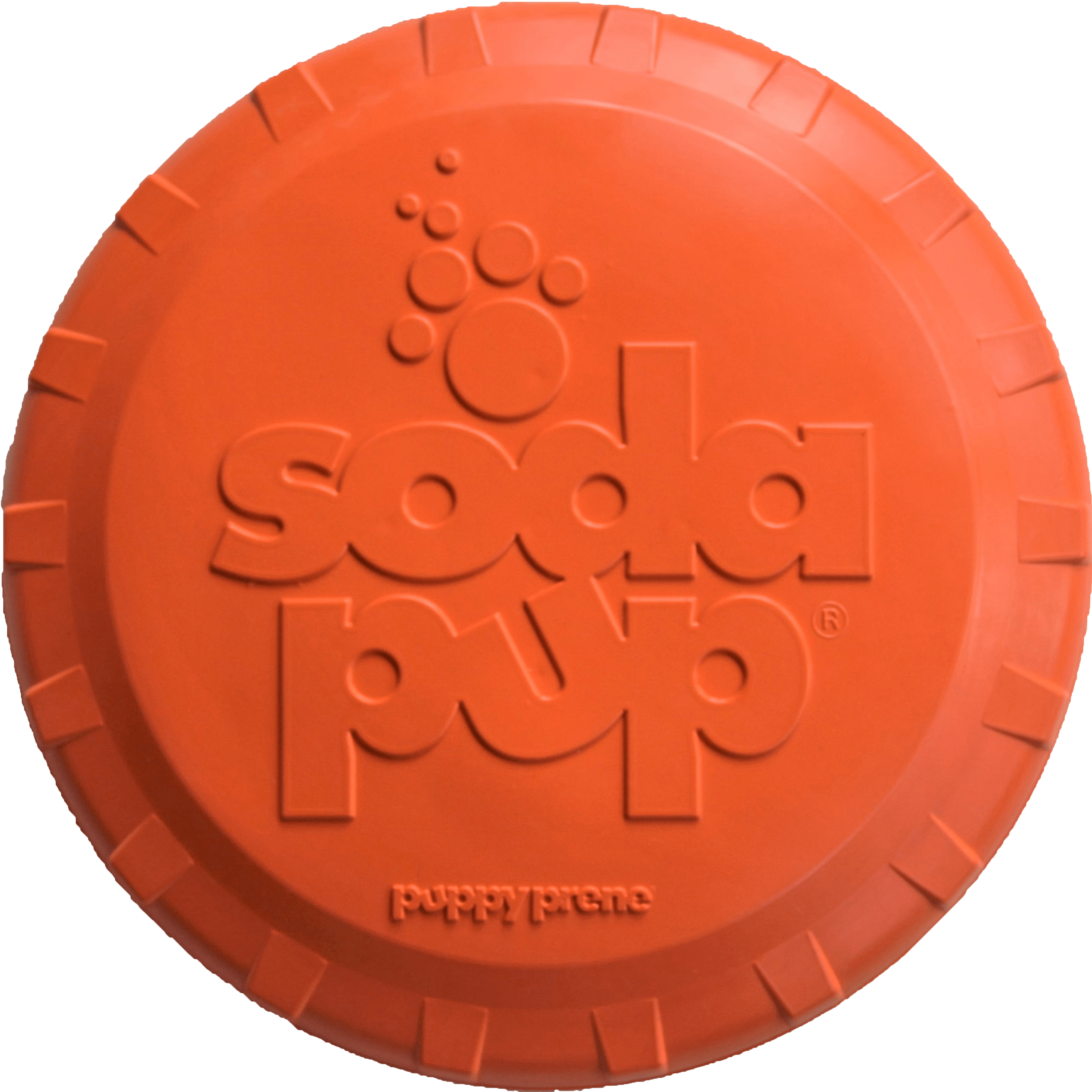 Orange Rubber Bottle Top Flyer dog toy by SodaPup, durable retrieving frisbee for dogs, 9.75-inch rubber dog toy.