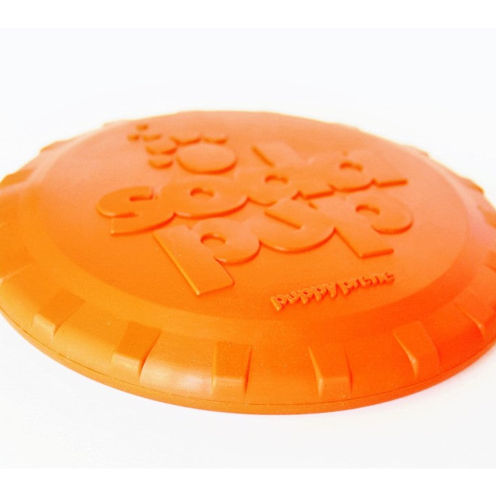 Orange Rubber Bottle Top Flyer dog toy by SodaPup, durable retrieving frisbee for dogs, 9.75-inch rubber flying disc.