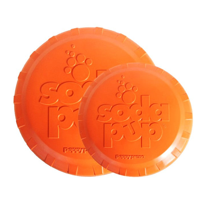 Orange Rubber Dog Frisbee from SodaPup, durable retrieving toy with bottle top design for active play and fetch.