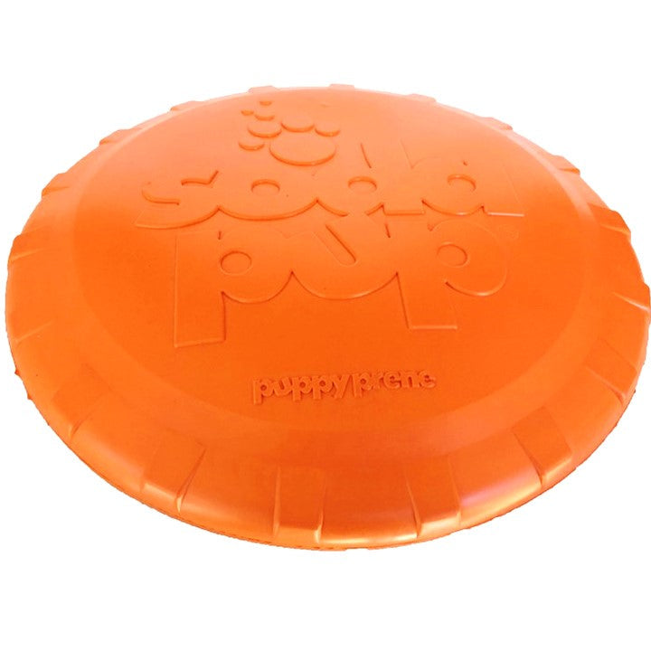 Orange Rubber Bottle Top Flyer by SodaPup, durable retrieving frisbee for dogs, made of tough rubber for outdoor play.