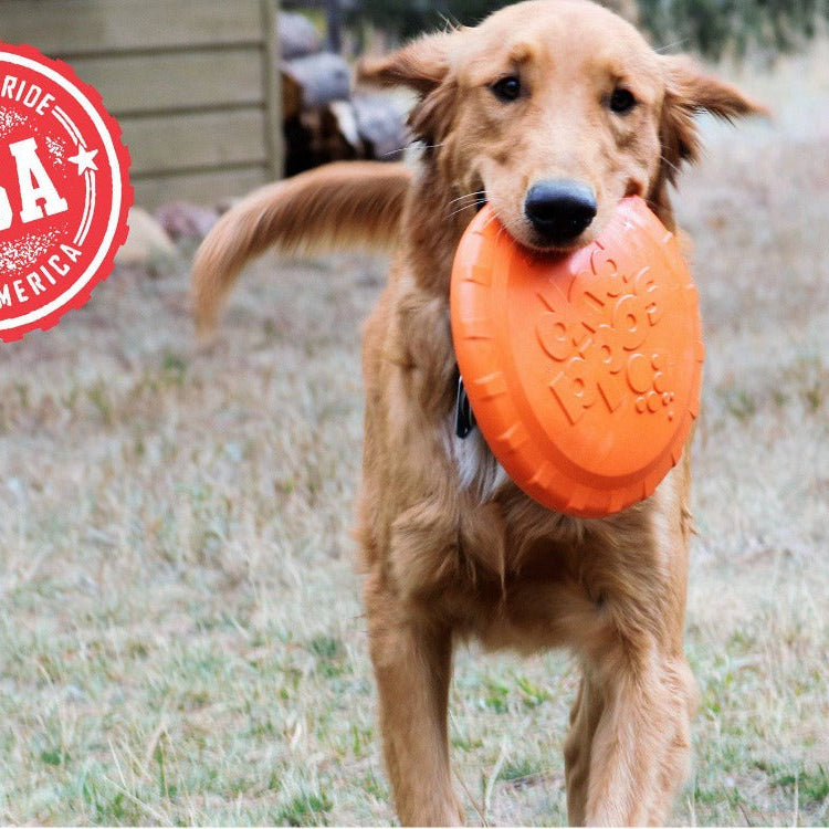 Orange SodaPup Rubber Dog Toy Bottle Top Flyer, durable retrieving frisbee for dogs, 9.75-inch diameter rubber frisbee.