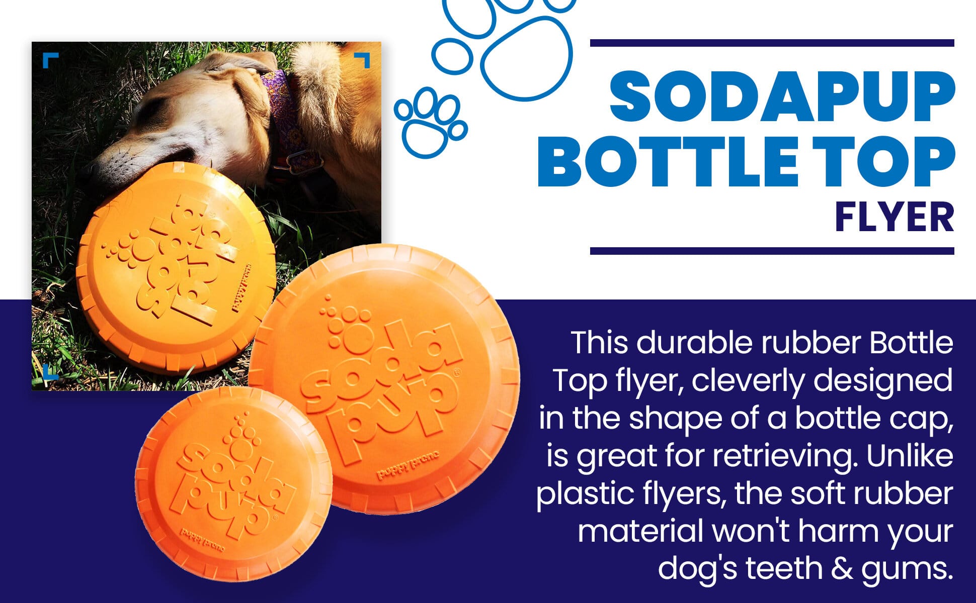 Orange Rubber Bottle Top Flyer dog toy by SodaPup, durable rubber frisbee for dogs, perfect for retrieving and active play.