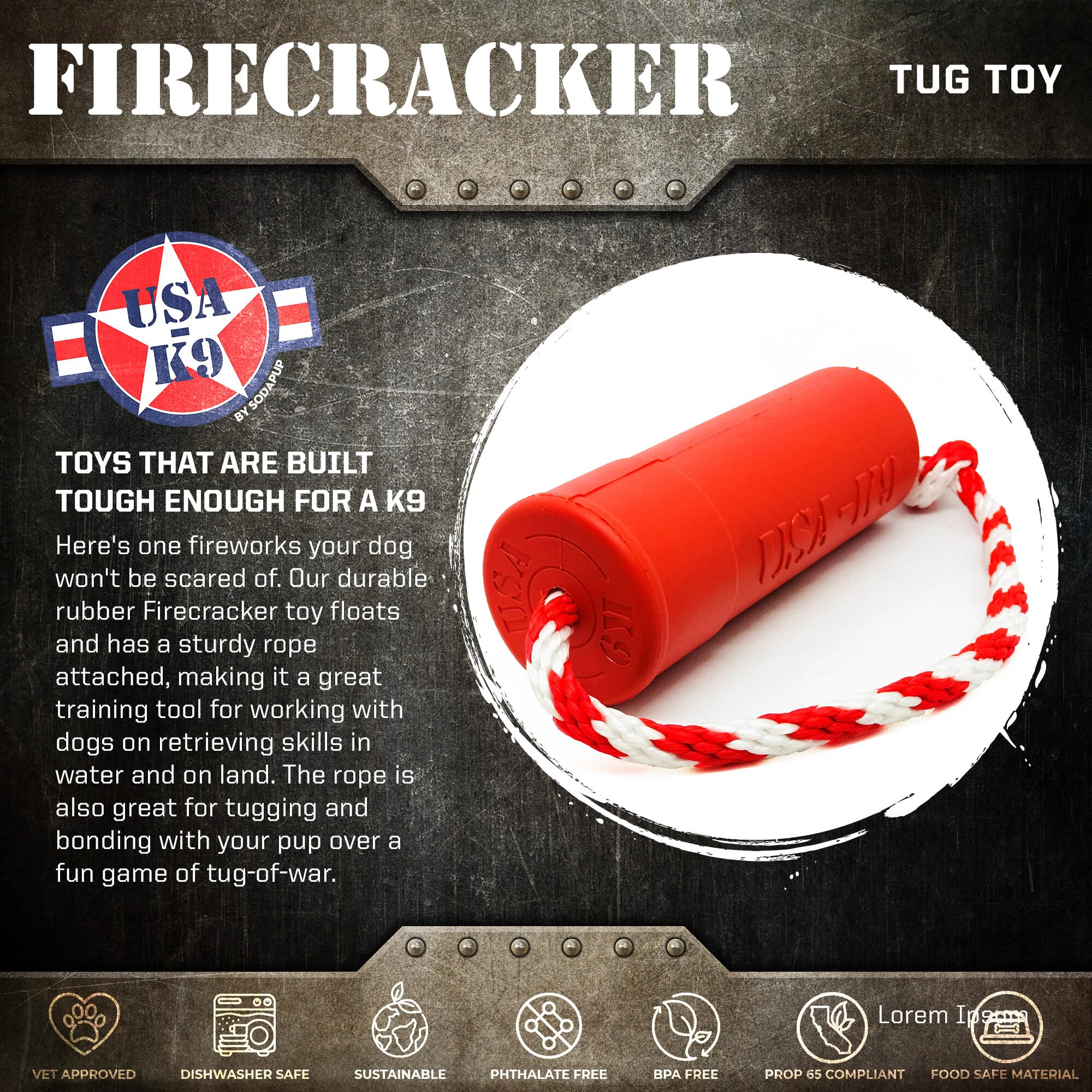 Large red USA-K9 Firecracker durable rubber floating training dummy for dogs, designed for fetch and training by SodaPup/True Dogs.