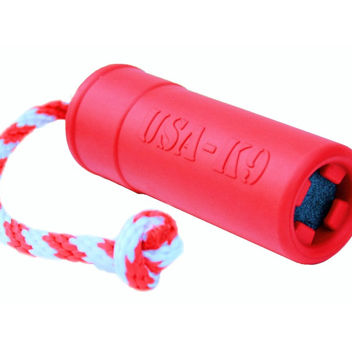 Red USA-K9 Firecracker durable rubber floating training dummy for dogs, large size, ideal for fetch and water training.