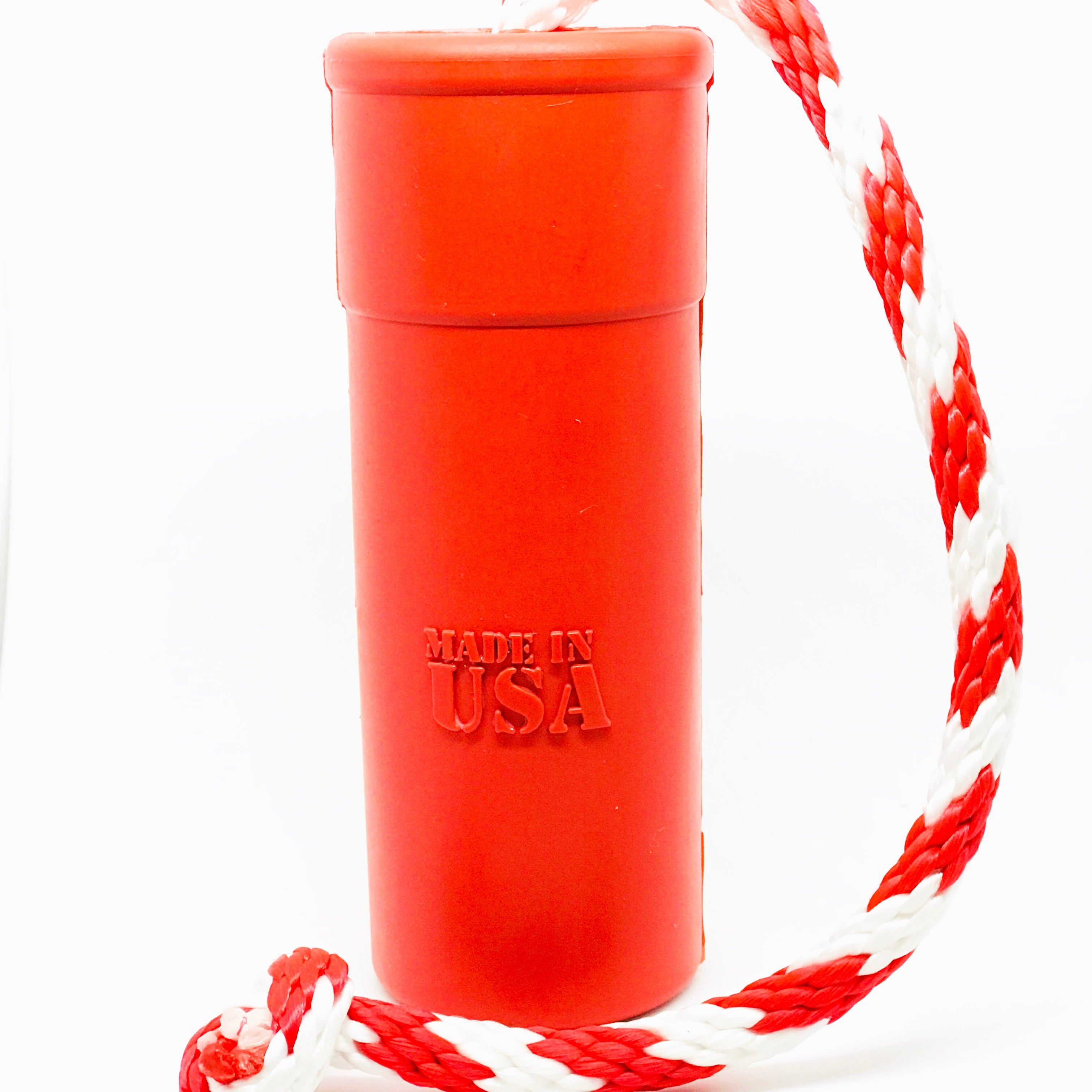 Large red USA-K9 Firecracker Rubber Dog Toy, durable floating training dummy by SodaPup/True Dogs, LLC for active dog training.