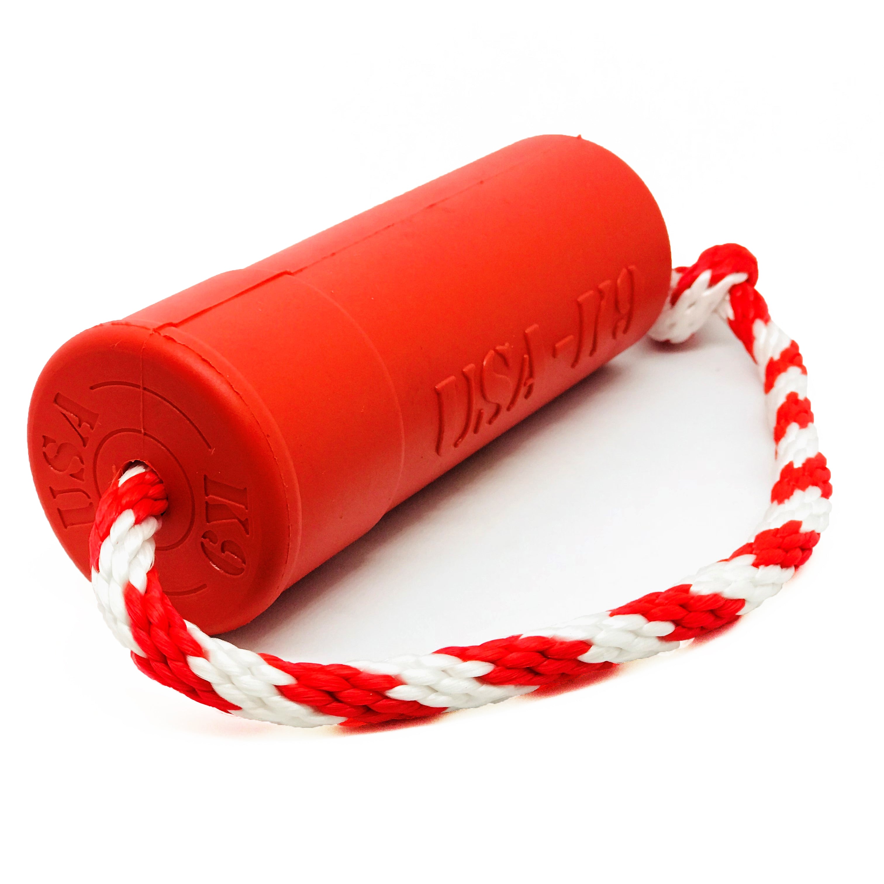 Large red USA-K9 Firecracker durable rubber floating training dummy for dogs, by SodaPup/True Dogs, LLC.