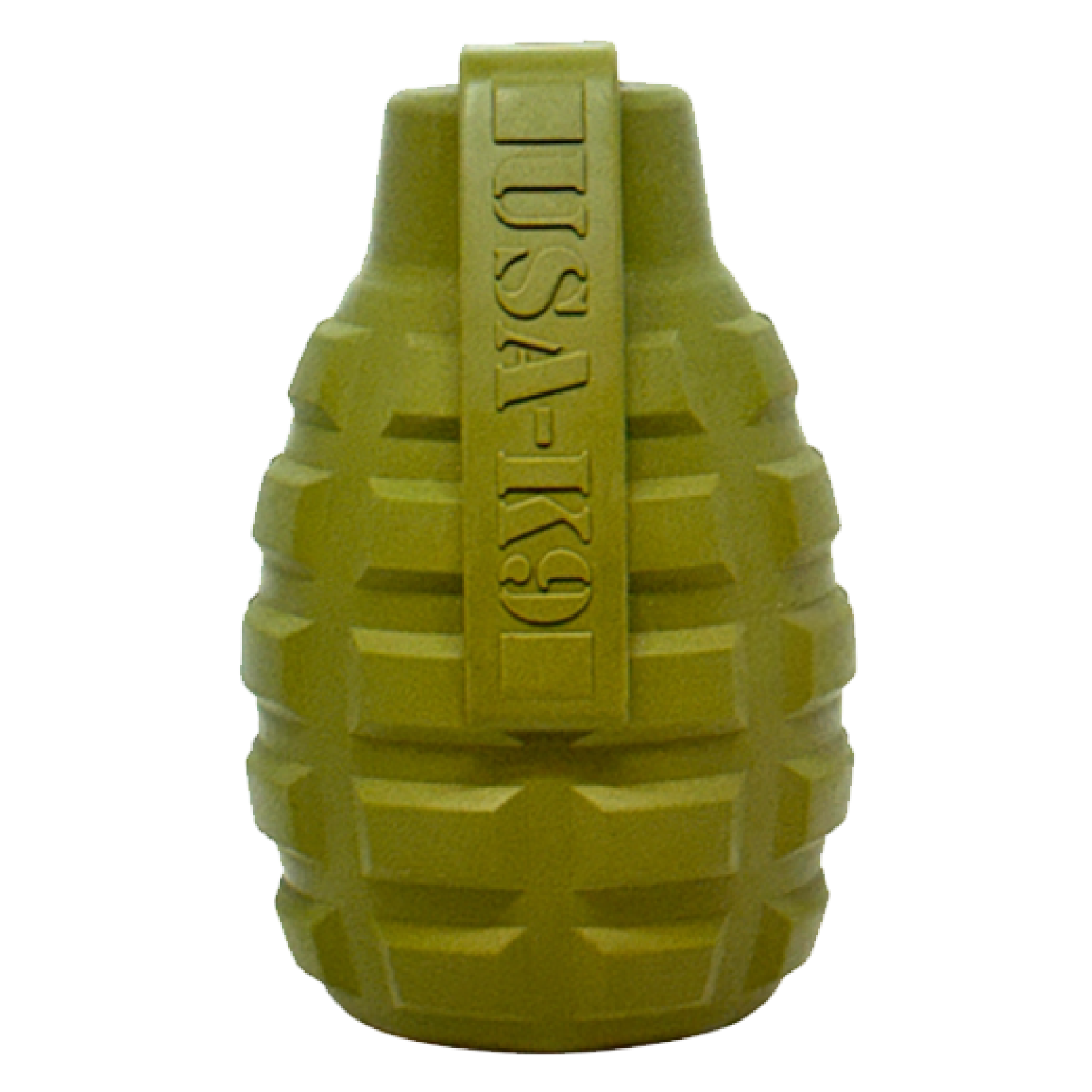 Red SodaPup USA-K9 Grenade rubber dog toy and treat dispenser showing durable, textured rubber surface and grenade shape.