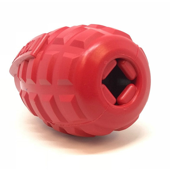 Red USA-K9 Grenade rubber dog toy and treat dispenser by SodaPup, featuring durable rubber and a playful grenade shape.