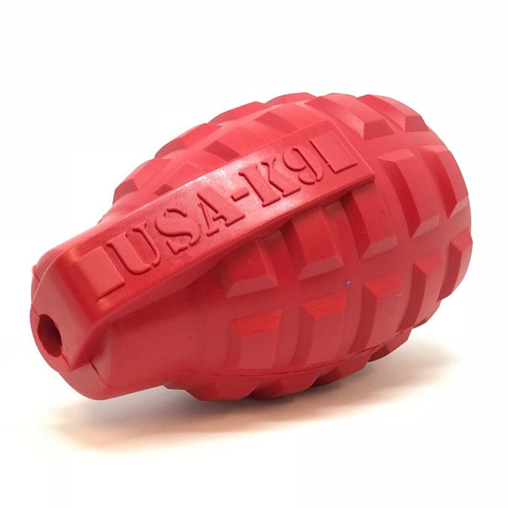 Red SodaPup USA-K9 Grenade rubber dog toy and treat dispenser, durable chew toy for medium-sized dogs.
