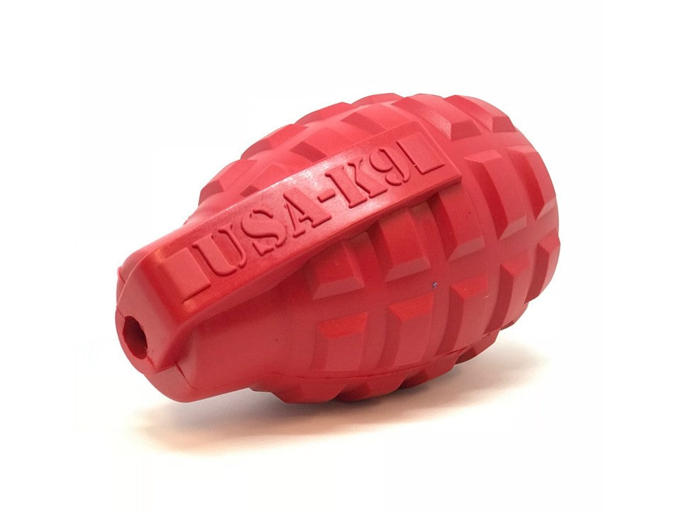 Red SodaPup USA-K9 Grenade rubber dog toy and treat dispenser, durable chew toy for medium-sized dogs.