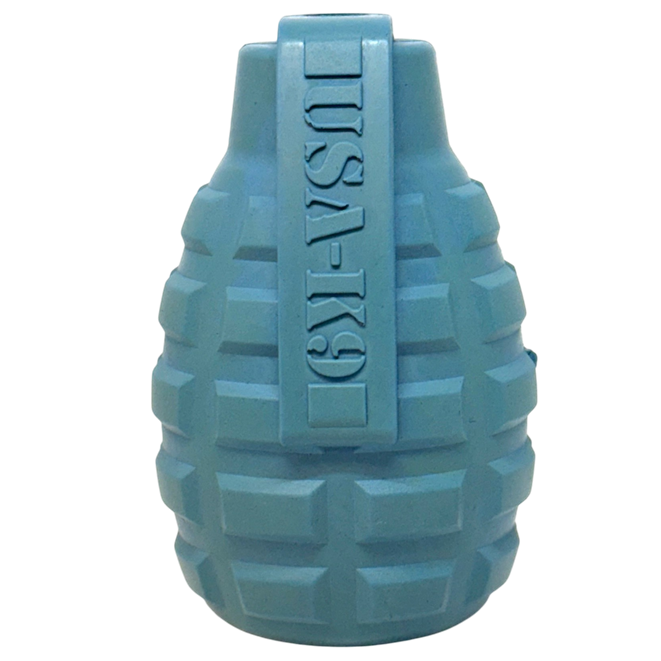 Red SodaPup USA-K9 Grenade rubber dog toy and treat dispenser, durable chew toy for medium-sized dogs featuring a grenade shape.