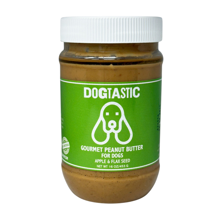 Dogtastic Gourmet Peanut Butter for Dogs by SodaPup, apple and flax flavor, in a jar with a dog treat, natural and nutritious.
