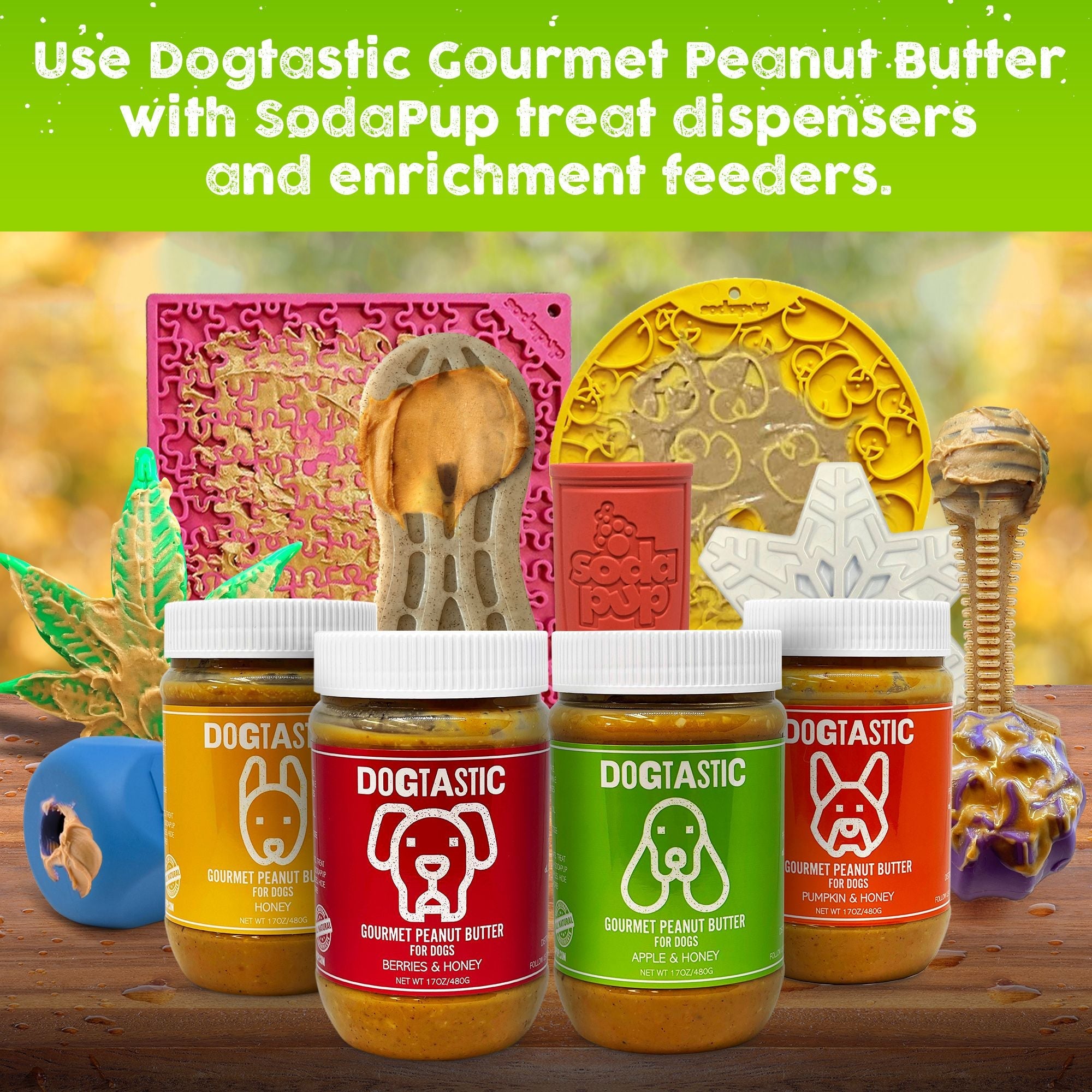 Dogtastic Gourmet Peanut Butter for Dogs with Flax Seed by SodaPup/True Dogs, LLC, in a jar with a spoon ready for treats.