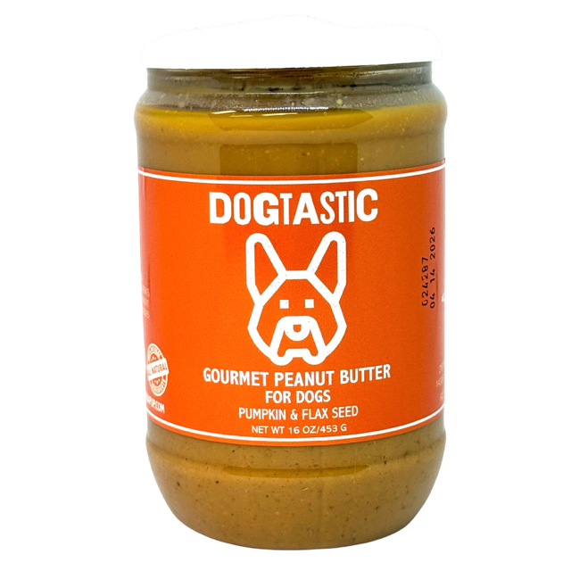 Dogtastic Gourmet Peanut Butter treats for dogs by SodaPup with pumpkin and flax seed flavor, in a jar with a dog treat label.