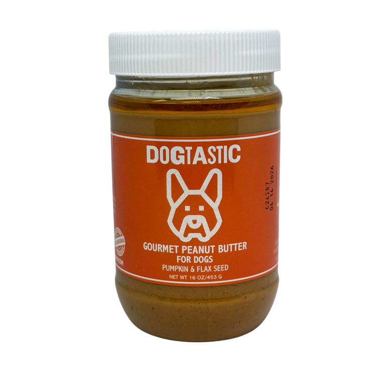 Dogtastic Gourmet Peanut Butter treats for dogs by SodaPup/True Dogs, with pumpkin and flax seed flavor in a jar.
