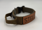 Titan Tactical Dog Collar featuring 1.5" Mil-Spec 4015 nylon webbing, a genuine AustriAlpin COBRA® buckle, RuffLock Retained Handle System, and the exclusive RuffTag Personalized BioThane Identification System. Handmade in the USA by American Ruffneck Collars.  Integrated handle is deployed.