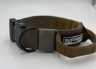 Titan Tactical Dog Collar featuring 1.5" Mil-Spec 4015 nylon webbing, a genuine AustriAlpin COBRA® buckle, RuffLock Retained Handle System, and the exclusive RuffTag Personalized BioThane Identification System. Handmade in the USA by American Ruffneck Collars. view of deployed handle and elastic from the RuffLock Retained Handle System.