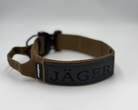 Titan Tactical Elite Dog Collar featuring 1.75" Mil-Spec Type 13 nylon webbing, a genuine AustriAlpin COBRA® Integrated D-Ring Buckle, RuffLock Retained Handle System, and the exclusive RuffTag Personalized BioThane Identification System. Handmade in the USA by American Ruffneck Collars. Rear view with deployed handle.