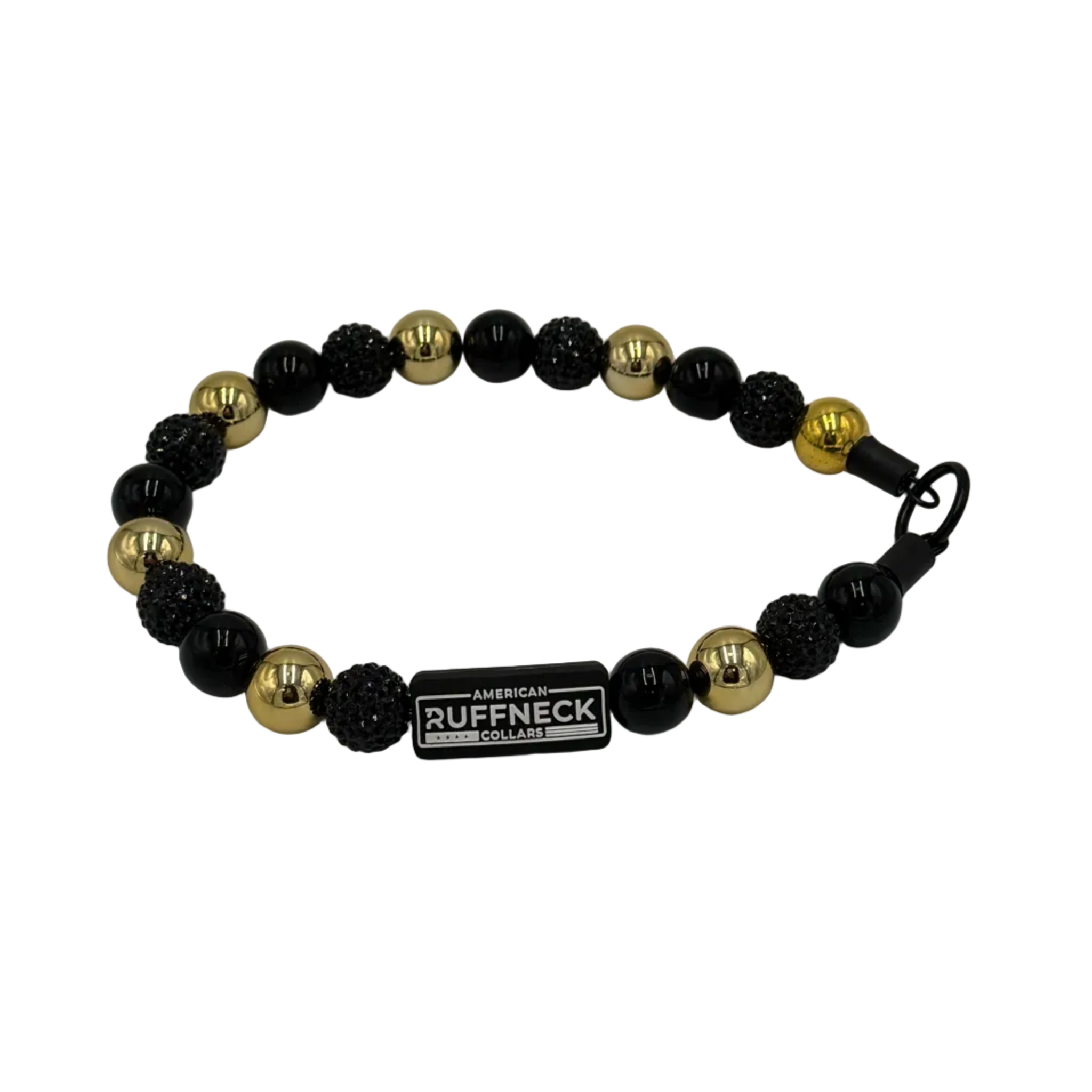 Black and gold beaded dog collar with a visible brand tag on a gray background