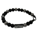Black and silver beaded dog collar with a Ruffneck label on a white background