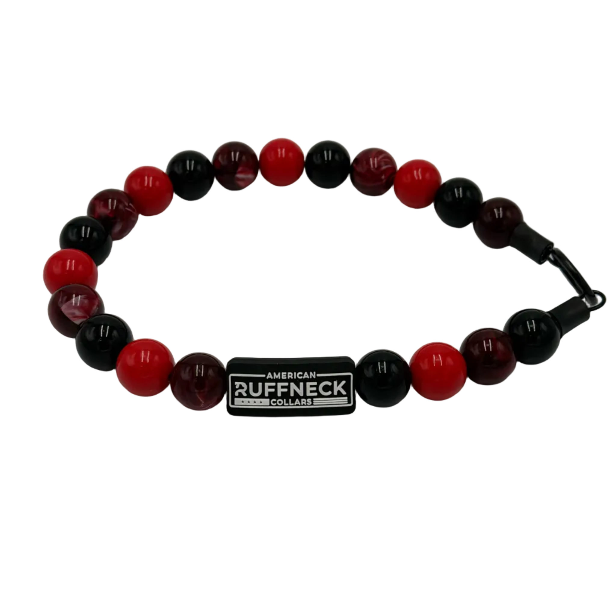 Beaded dog collar with red and black beads and a visible brand label on a white background