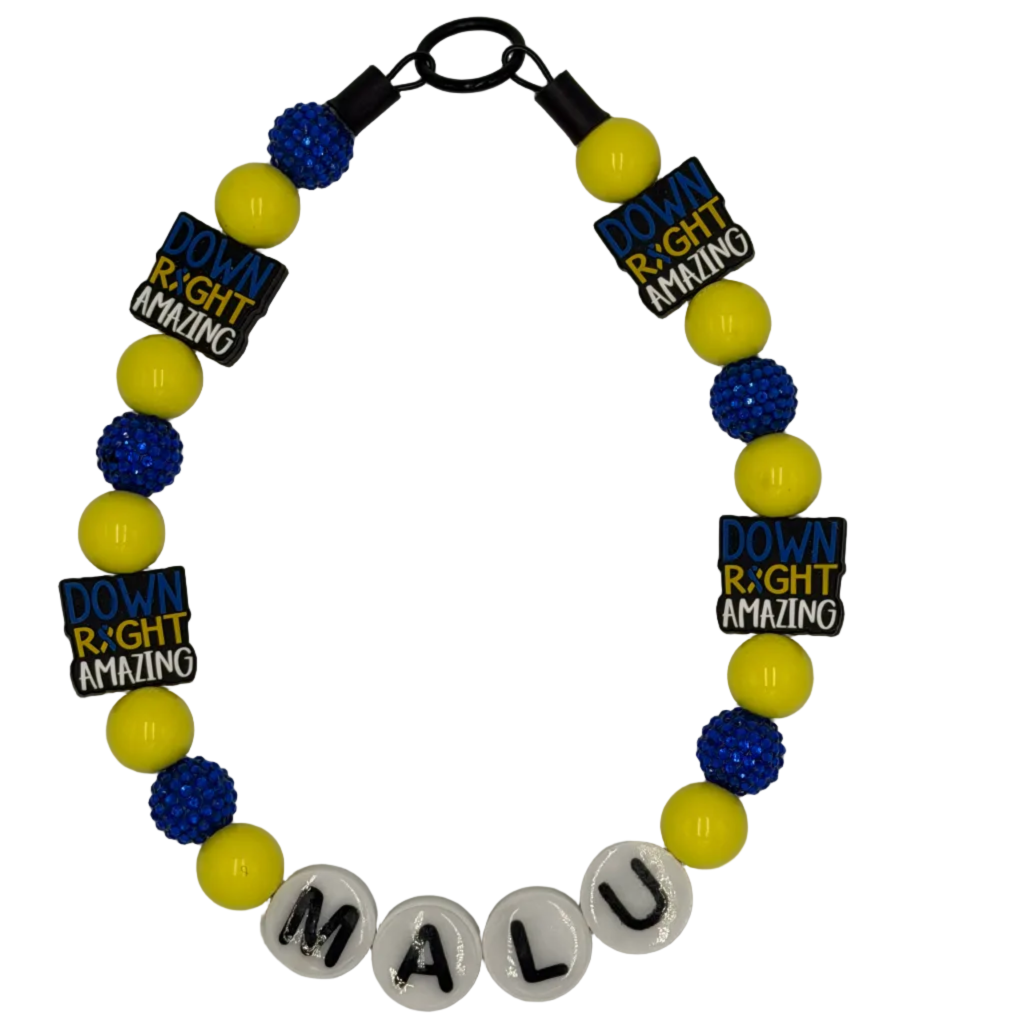 Dog Collar with blue and yellow beads and 'MALU' nameplate on a white background