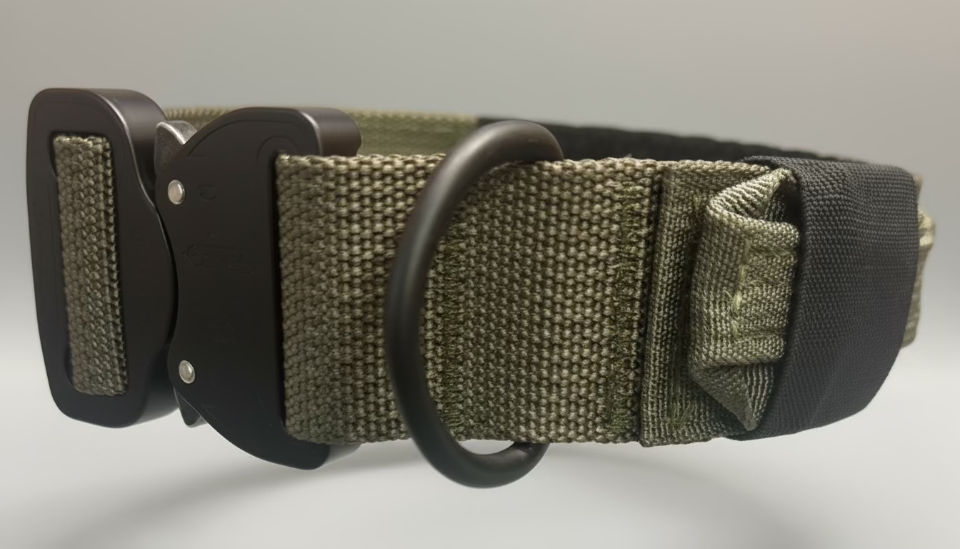 American Ruffneck Collars Titan Tactical Collar with durable nylon straps and metal buckle on a black background. Featuring the RuffLock Retained Handle System.