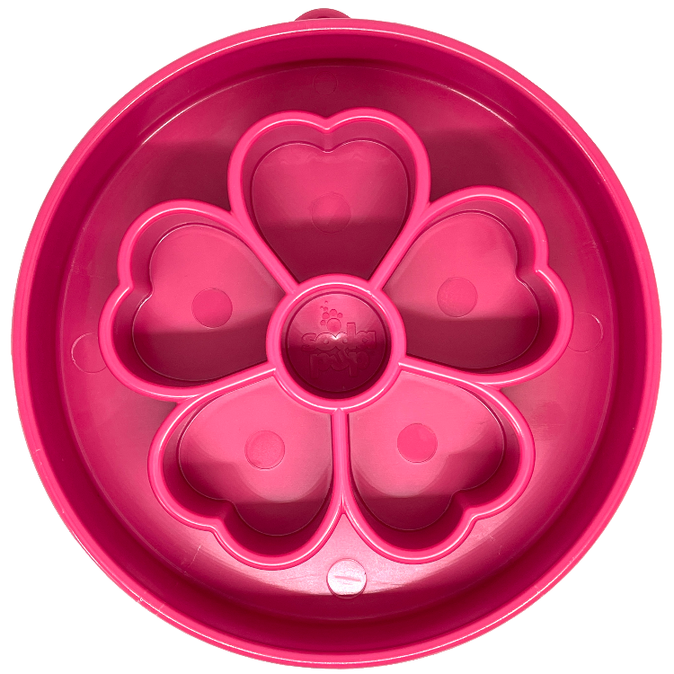Pink flower design SodaPup EBOWL slow feeder bowl for dogs with colorful flower pattern and enrichment features.