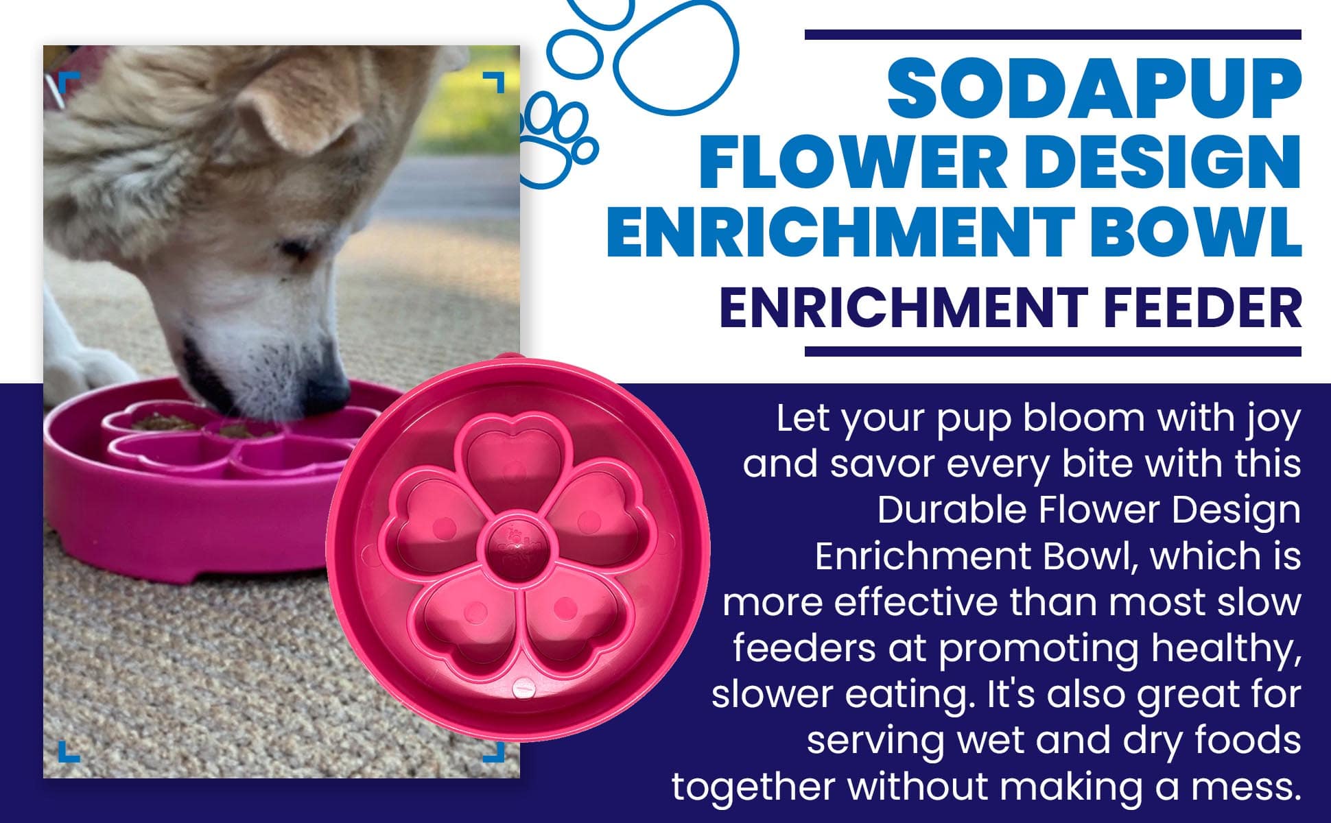 Pink SodaPup True Dogs EBOWL featuring a flower design, a slow feeder bowl for dogs with an engaging floral pattern.