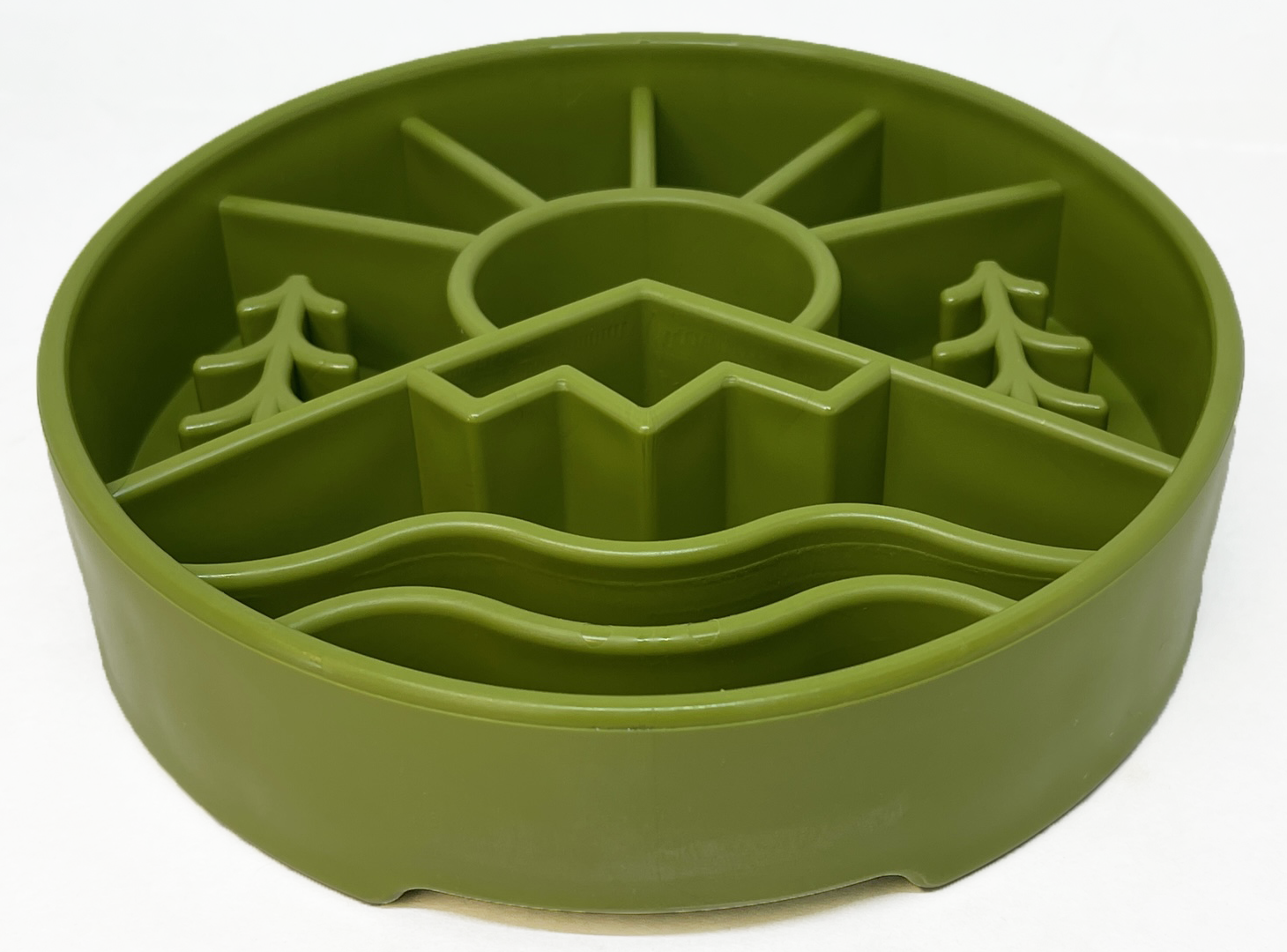 SodaPup Great Outdoors Design eBowl for dogs, orange enrichment slow feeder bowl with outdoor-themed pattern.