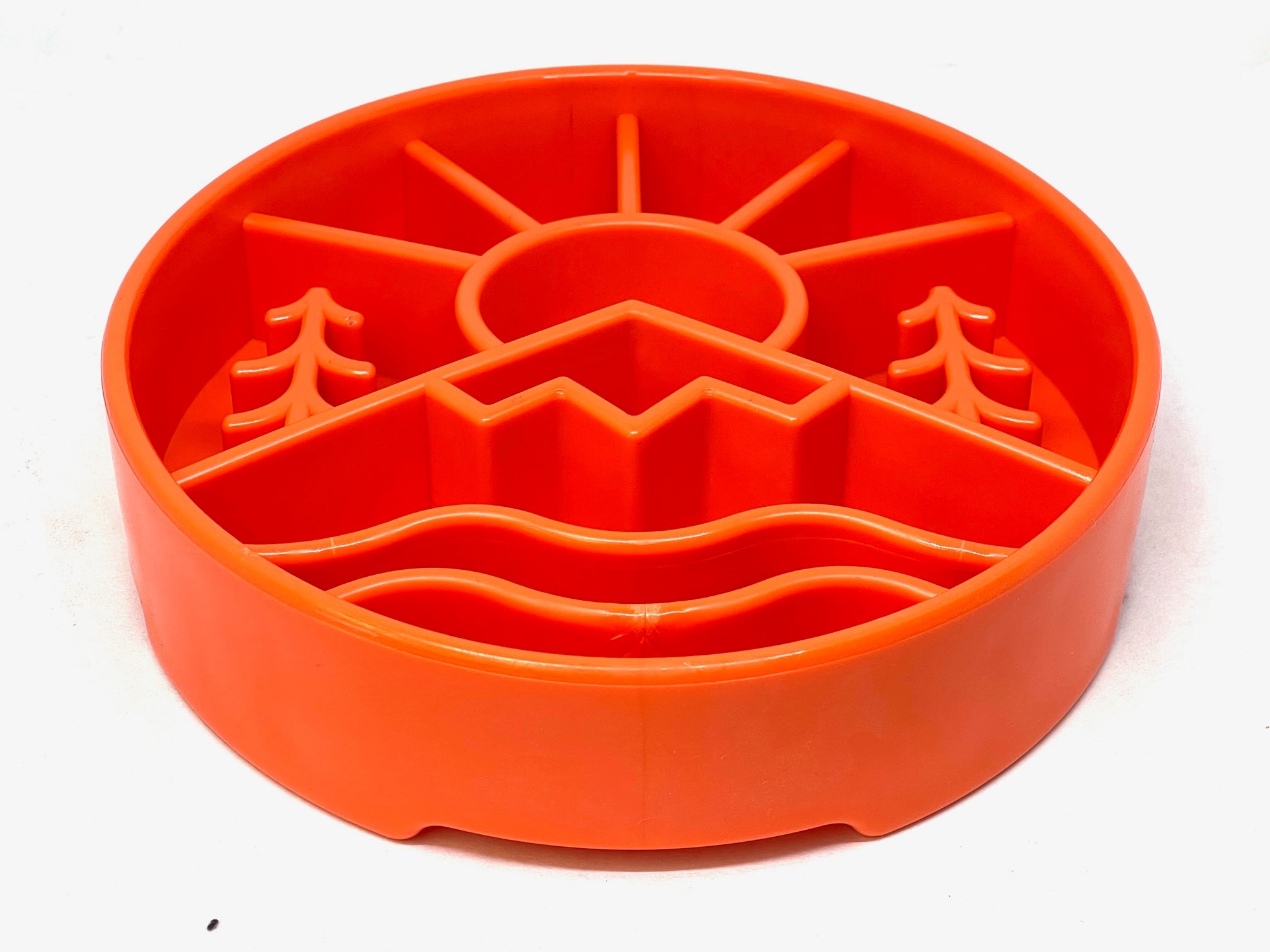 Orange SodaPup Great Outdoors Design EBOWL for dogs, enrichment slow feeder bowl with nature-inspired pattern.