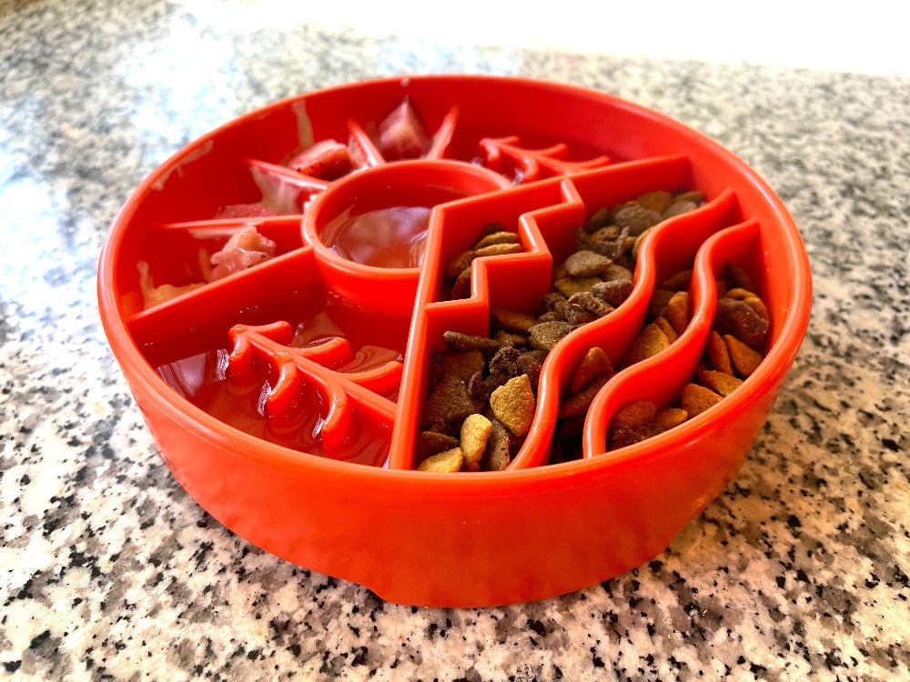 SodaPup/True Dogs EBOWL slow feeder dog bowl with outdoor-themed Great Outdoors design in orange, for enrichment and feeding.