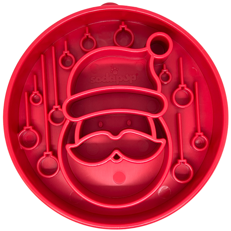 Red Santa design SodaPup EBOWL slow feeder dog bowl with festive Santa graphics for enrichment and interactive feeding.