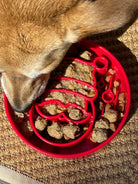 Red Santa design SodaPup EBOWL slow feeder dog bowl with festive holiday Santa motif for enrichment and mealtime fun.
