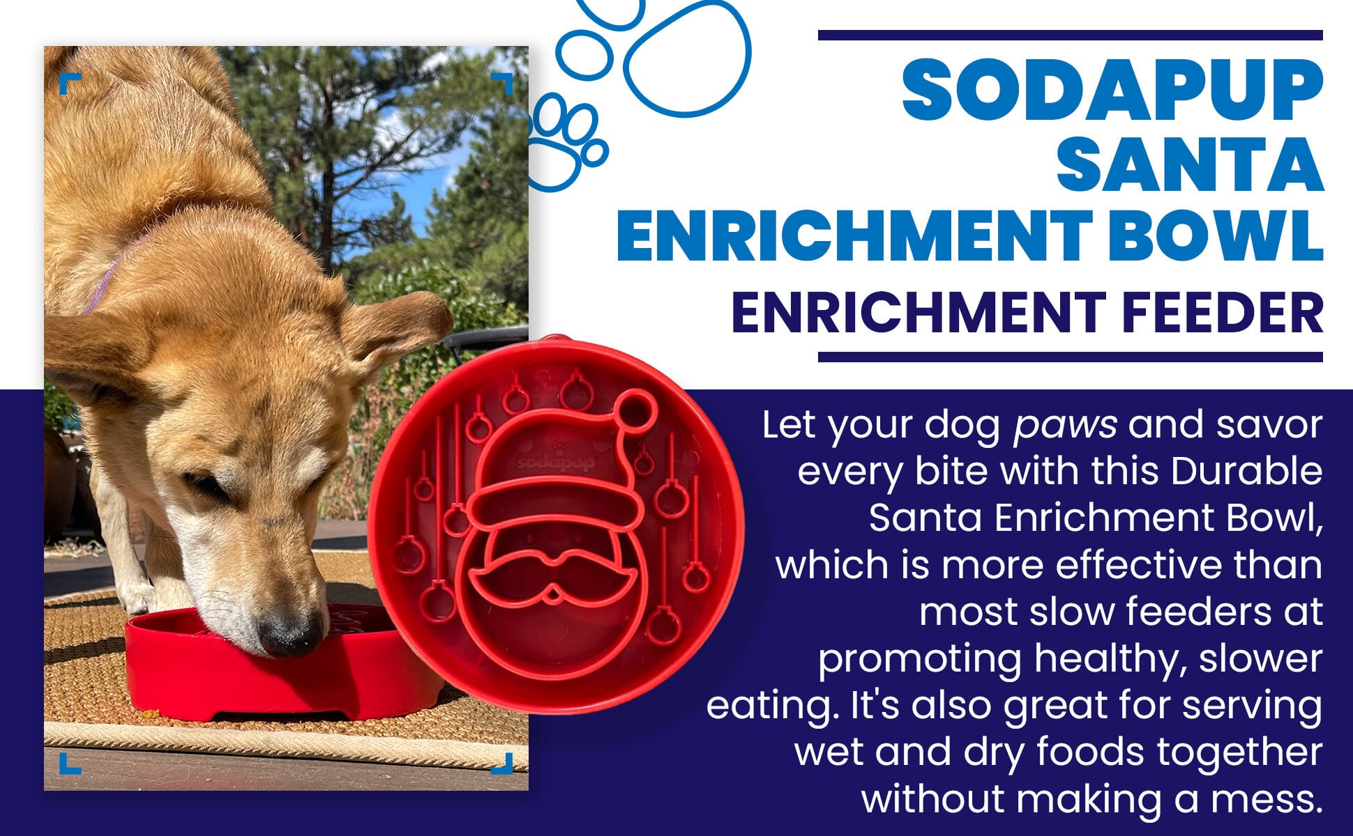 Red Santa design SodaPup EBOWL slow feeder bowl for dogs with festive holiday theme and engaging enrichment features.