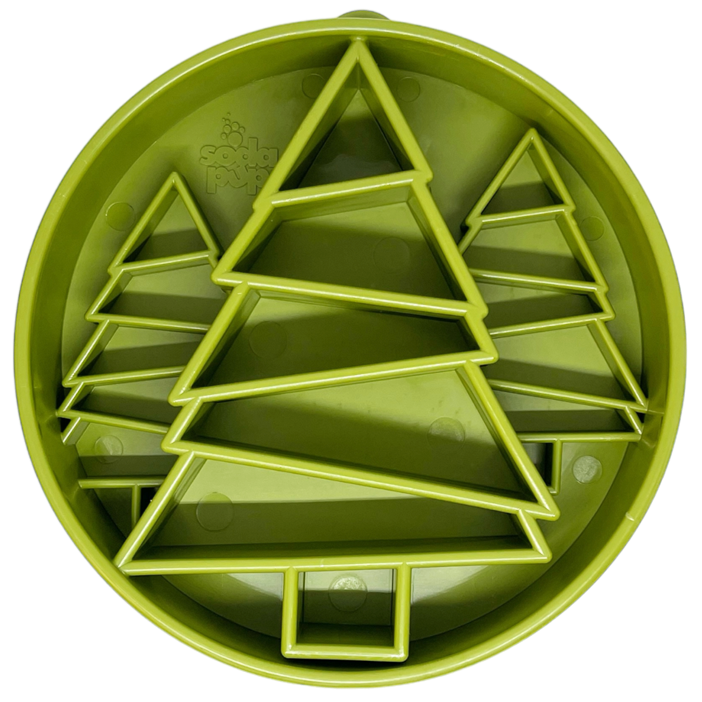 Green SodaPup/True Dogs EBOWL with pine tree design, slow feeder bowl for dogs, featuring a detailed pine tree pattern.