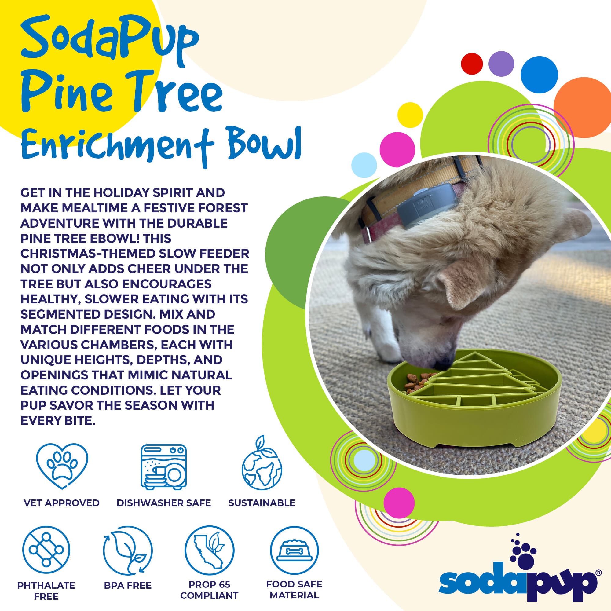 Green SodaPup EBOWL with pine tree design, a slow feeder dog bowl made for enrichment and interactive feeding.