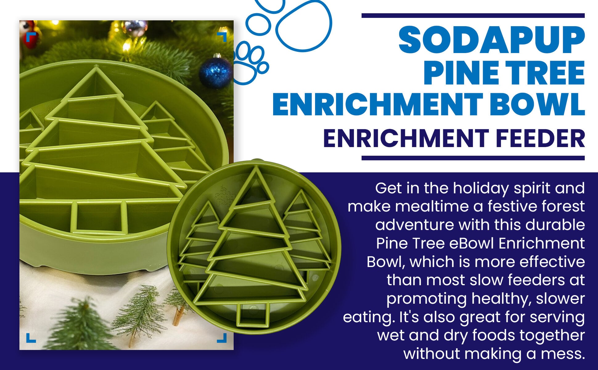 Green SodaPup EBOWL with pine tree design, a slow feeder dog bowl with a nature-inspired pattern for enrichment and mealtime fun.