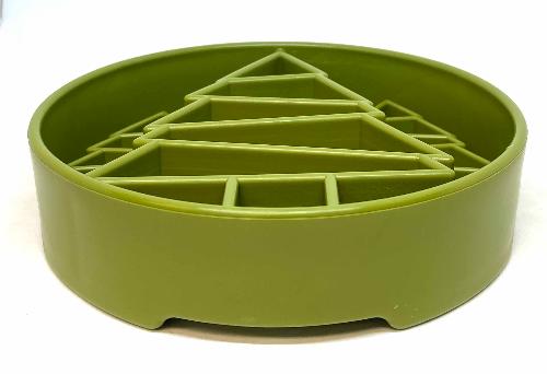 Green Pine Tree Design SodaPup EBOWL for dogs, a slow feeder enrichment bowl with a festive pine tree pattern.