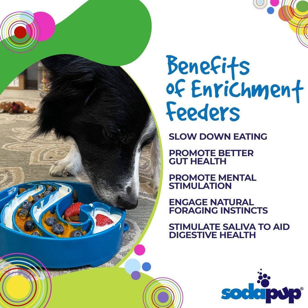 Blue Wave Design SodaPup EBOWL for dogs, an enrichment slow feeder bowl with a wave pattern, made by True Dogs LLC.