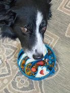 Blue Wave Design SodaPup eBowl for dogs, a slow feeder enrichment bowl with a unique wave pattern for interactive feeding.