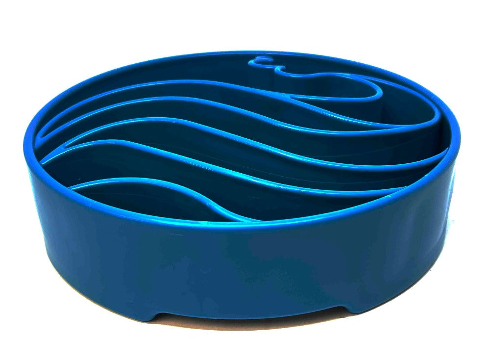 Blue Wave Design SodaPup EBowl for dogs, a slow feeder bowl with wave pattern for enrichment and interactive feeding.