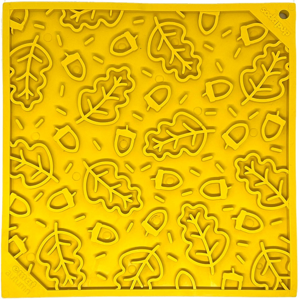Autumn design SodaPup EMAT enrichment lick mat with fall-themed leaf patterns for dogs.