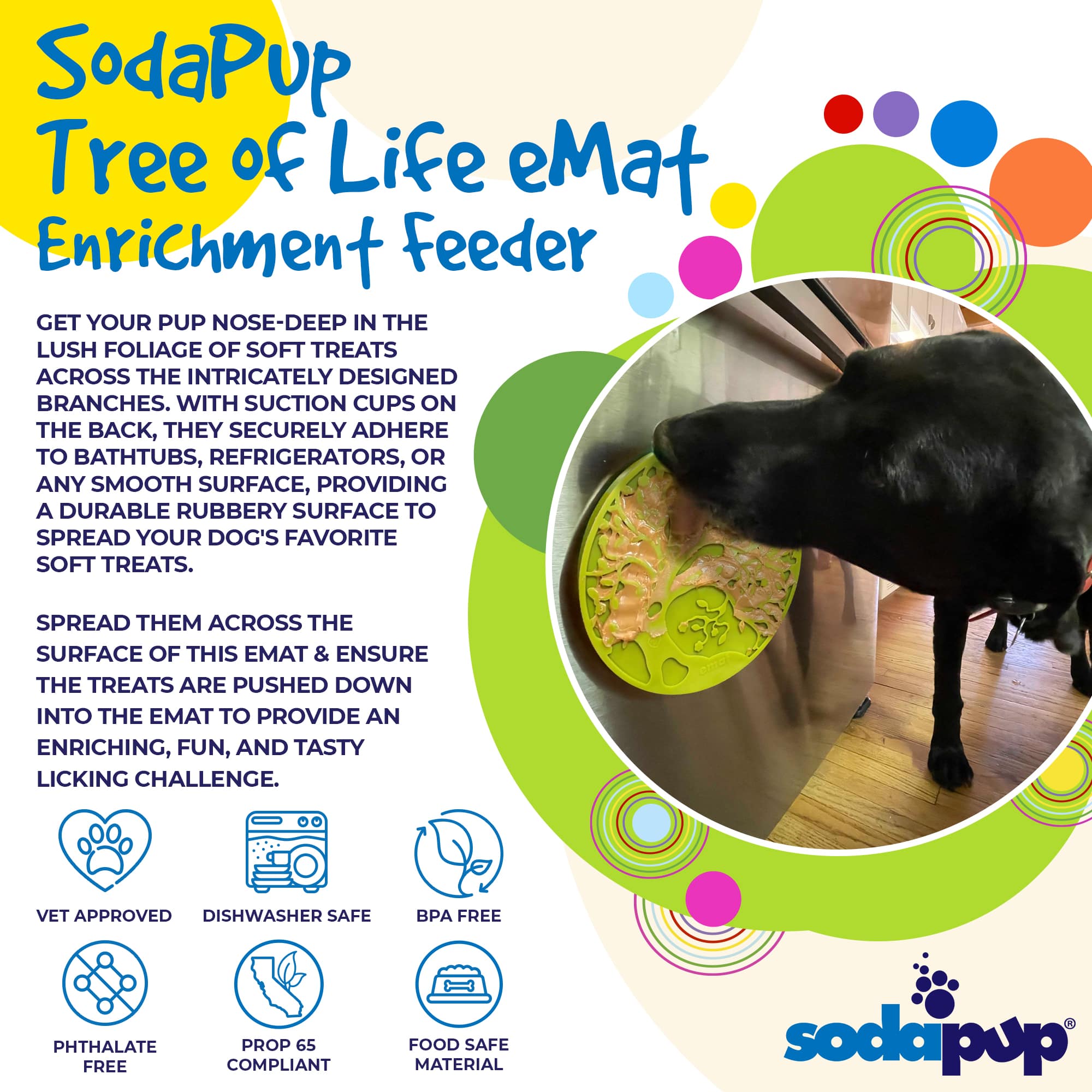 Green Tree of Life design SodaPup EMAT enrichment lick mat with suction cups for dogs, featuring a durable, flexible surface.