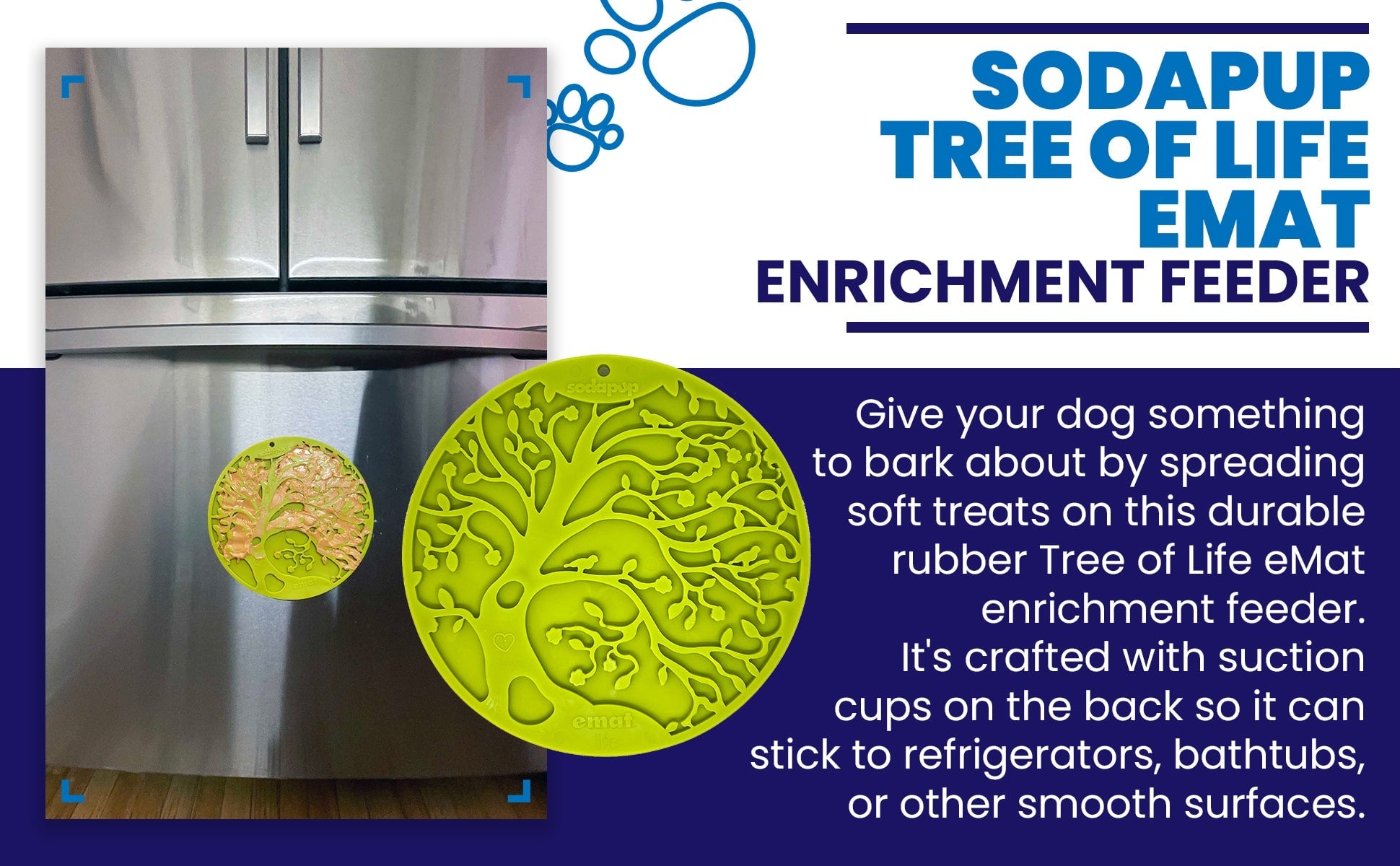 Green Tree of Life design SodaPup EMAT enrichment lick mat with suction cups for dogs, featuring a natural, textured surface.