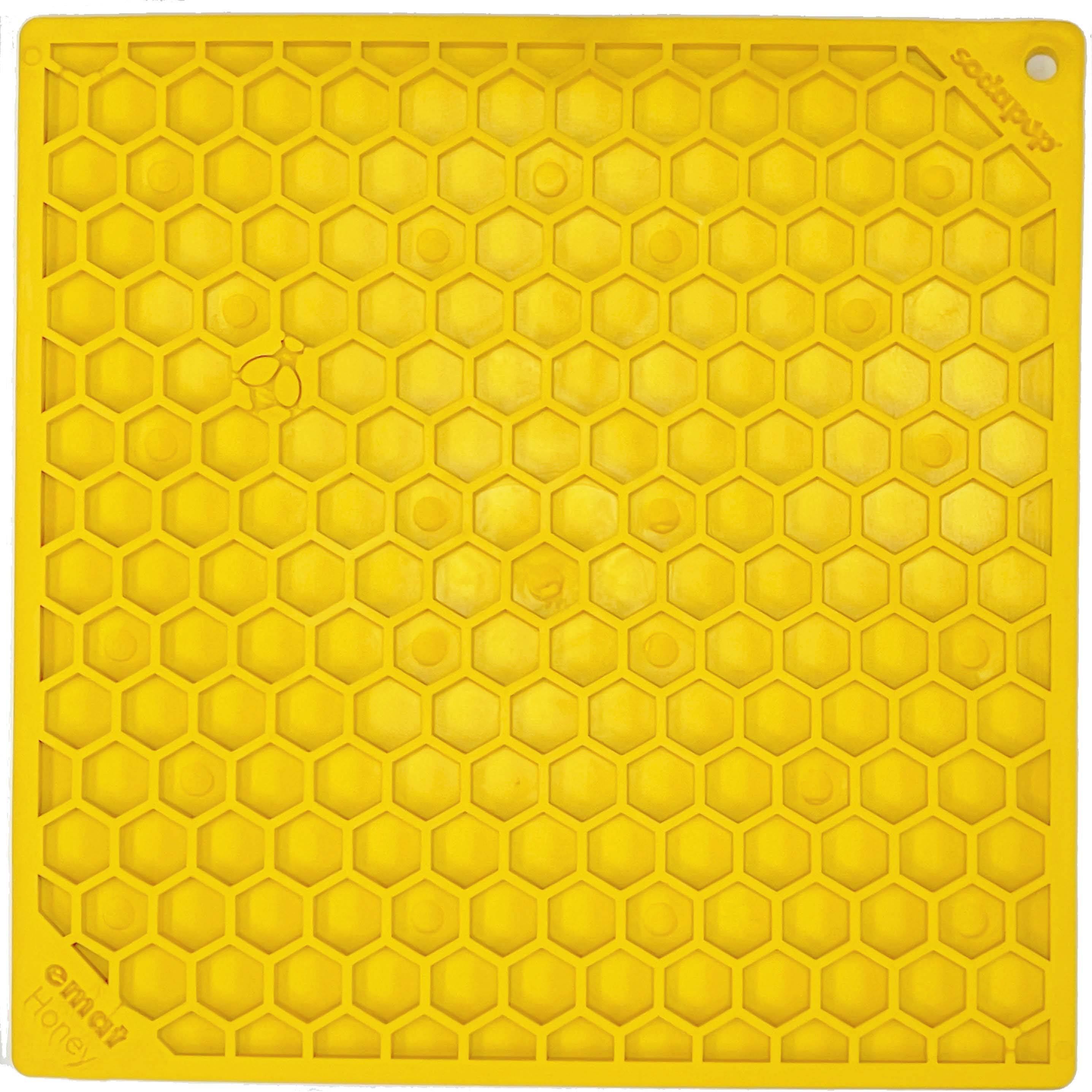 Large yellow Honeycomb Design EMAT Enrichment Lick Mat by SodaPup/True Dogs, LLC, featuring textured honeycomb surface for enrichment.