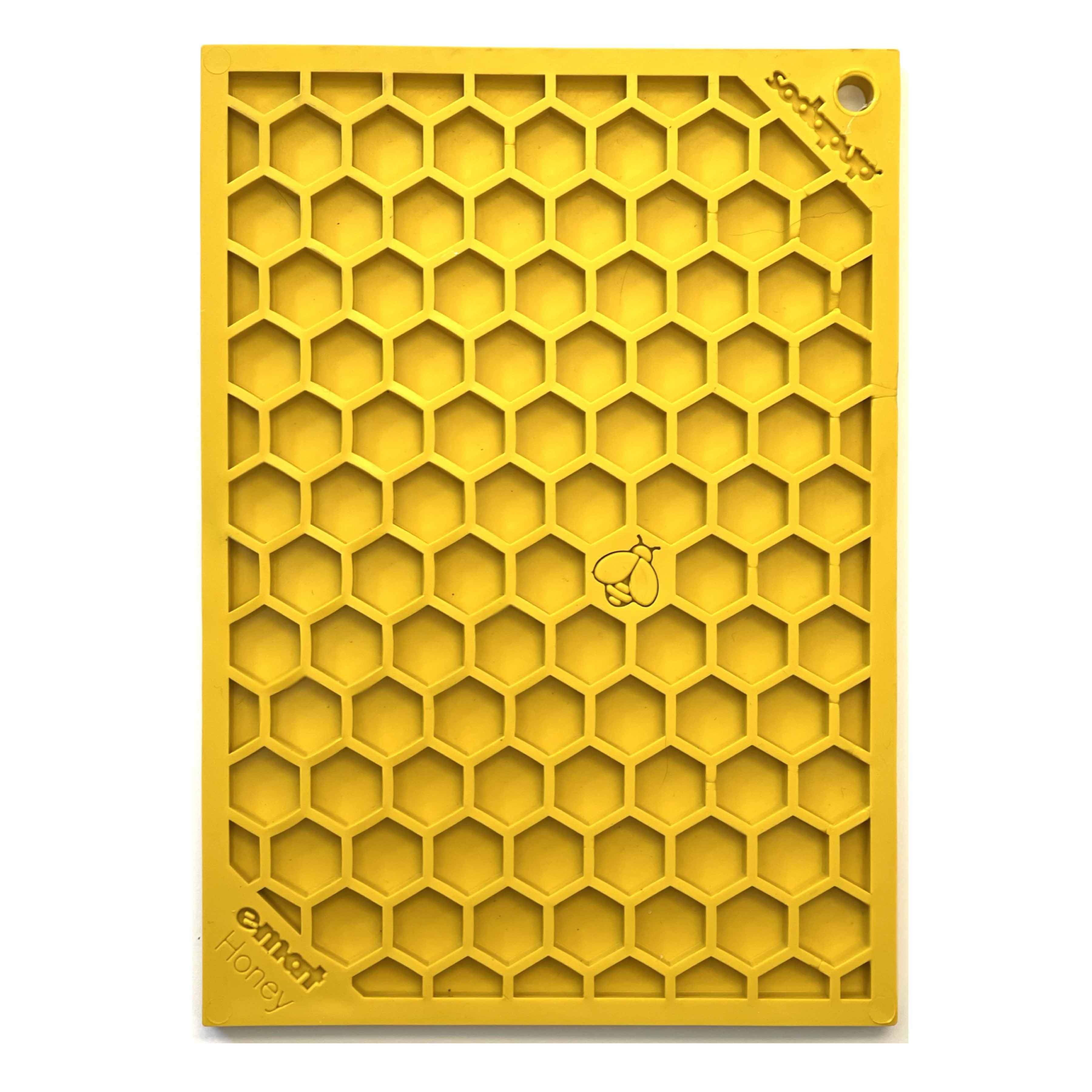 Large yellow Honeycomb Design EMAT Enrichment Lick Mat by SodaPup/True Dogs, LLC for dog enrichment and mental stimulation.